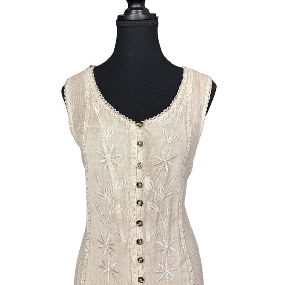 Vintage 90s Boho Floral Embroidered Dress, Leopard Print, Neutral Cotton Rayon - Picture 4 of 9